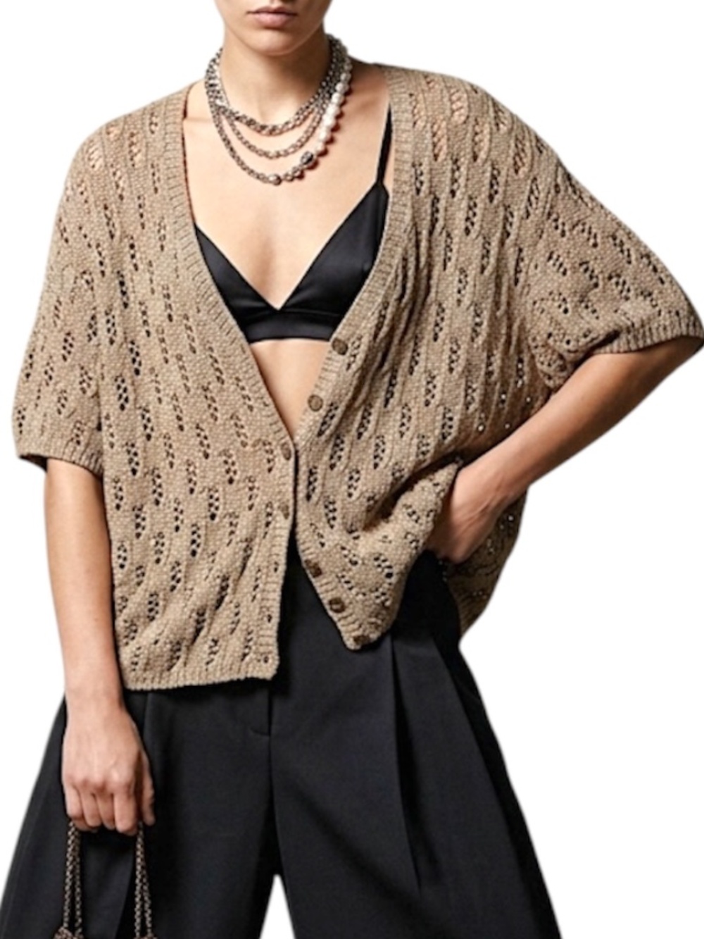 Minimalist taupe brown open knit boxy oversized short sleeve cardigan sweater